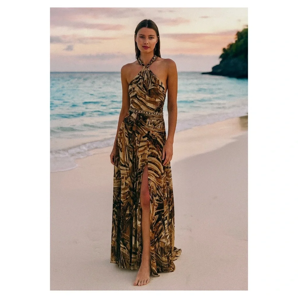 Bronx & Banco Kenya Silk Halter Maxi Dress Brown Animal Print Medium NWT - Picture 2 of 15